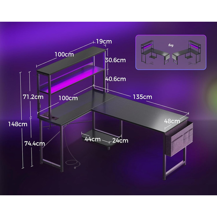Ігровий стіл Coleshome L-подібної форми з LED підсвічуванням та розетками, 135 × 100 см. Реверсивний стіл з полицями для зберігання, ігровий кутовий стіл з сумкою для дому та геймінгу, чорний (135x100 см)