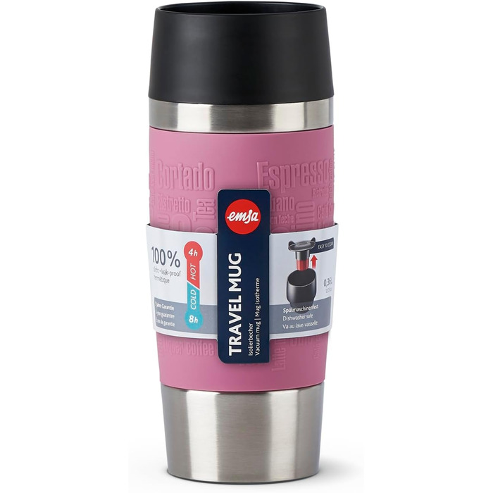 Термокружка Emsa Travel Mug Classic 360 ml, рожевий колір, з рукавом, 360° відкриття, Quick-Press закриття, ізоляція 4 години гаряче, 8 годин холодне