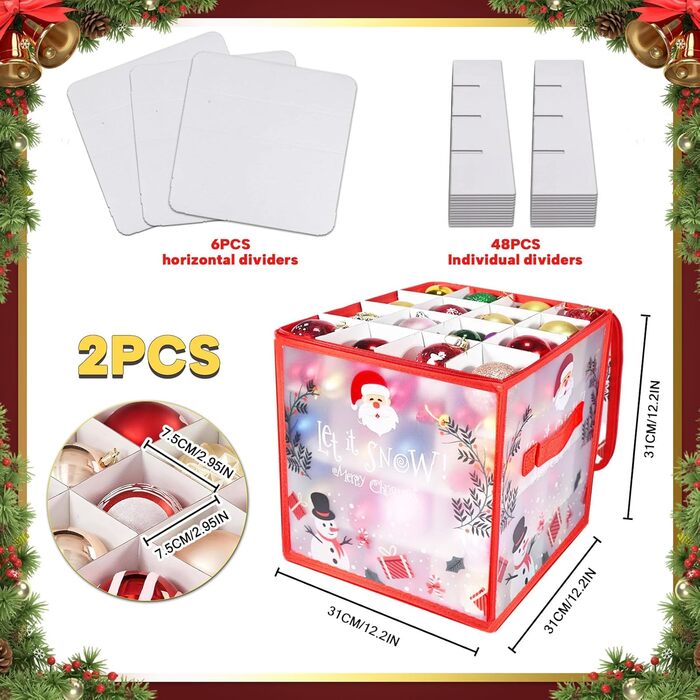 Коробки для прикрас на ялинку 2 шт. з відділеннями, для зберігання ялинкових кулі, з різдвяним малюнком, з відділеннями, з застібкою-блискавкою
