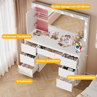 Дзеркальний туалетний столик Airfish з LED-підсвіткою та великим дзеркалом, 120x40x140 см. Туалетний столик з шухлядами та косметичним ящиком для спальні, білий