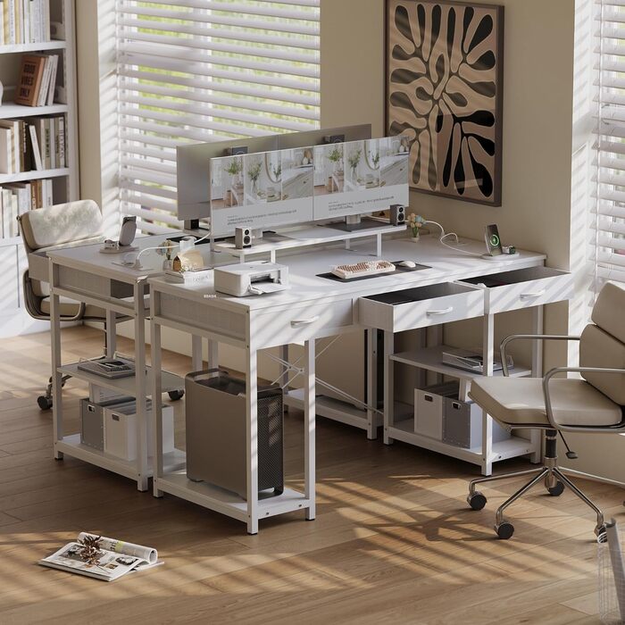 Комп'ютерний стіл Claiks з 3 шухлядами, 120 x 60 см, з полицею, 2 розетки та 2 USB-порти, для офісу та дому, білий
