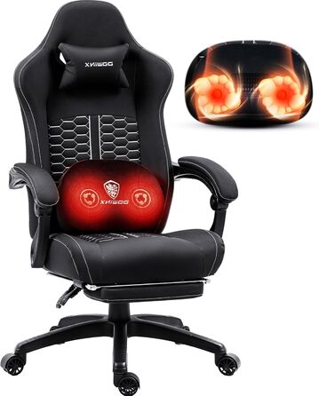 Ігровий крісло Dowinx з підігрівом, масажем попереку, кишеньковим пружинним сидінням та підставкою для ніг. PC-крісло для дорослих, чорного кольору