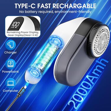 Електричний видалення ворсу Maxtachi: бездротовий пристрій для одягу з 3 швидкостями, 6-клинковий насадка, LED-дисплей, чорний