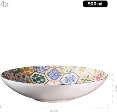 Серія Amarante, столовий сервіз на 12 предметів для 4 осіб зі спеціальним декором з плитки, набір тарілок для супу, обідніх тарілок і десертних тарілок з барвистим орнаментом, керамограніт