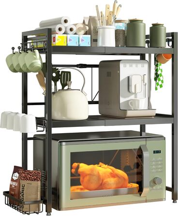 Регульована полиця для мікрохвильової печі NETEL 3-ярусна, чорна, висувна 40-60 см, з кошиками