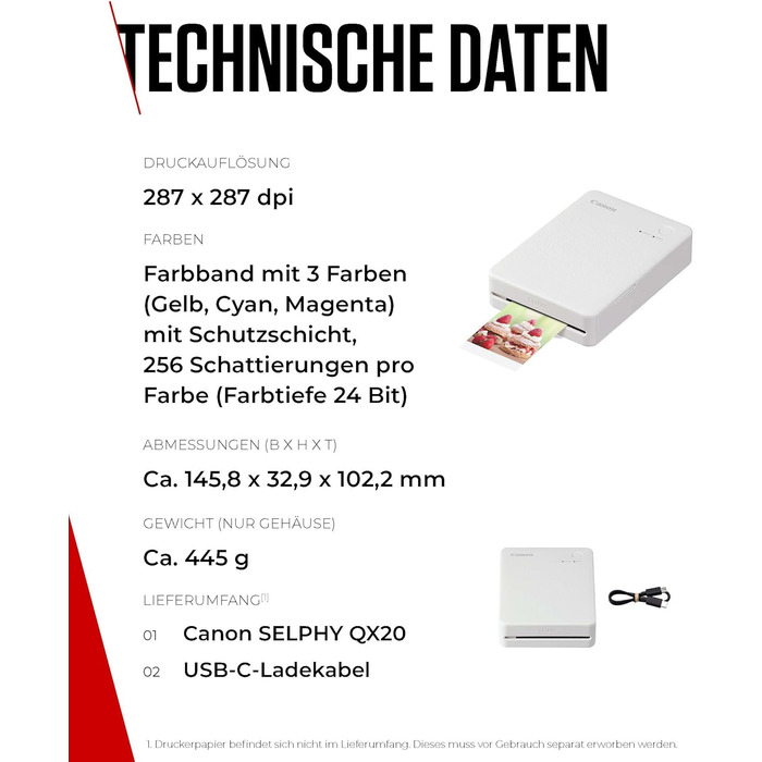 Canon Selphy QX20 – Портативний принтер для фотографій з Wi-Fi, термосублімаційний друк, USB-C зарядка, білий (без чорнил/паперу)