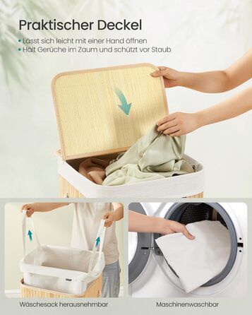 Кошик для білизни SONGMICS 95 л з кришкою, бамбук, з ручками, складний, знімний мішок, придатний для прання, для ванної кімнати, натуральний колір