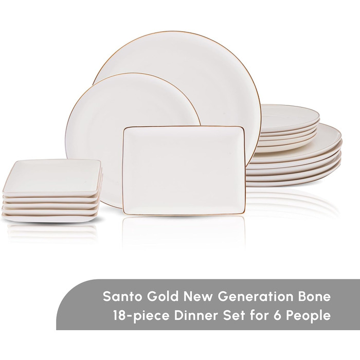 Сервіз для вечері Karaca Santo Gold на 6 осіб набір посуду з 18 предметів із набором тарілок і мисок, кістка нового покоління, набір круглого посуду та набір посуду з білого золота