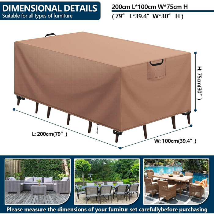 Захисний чохол для садово-патіо меблів на зиму, водовідштовхувальний, 420D Oxford, анти-UV, для столів та інших меблів, захист від дощу та пилу (Хакі, 200x100x75 см)