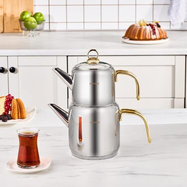 Набір для заварювання чаю Karaca New Mira Gold: чайник 1л та чайник-самовар 2л з нержавіючої сталі, індукційний, для турецького чаю