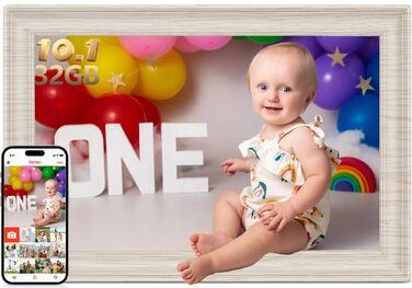 Frameo Цифровий фоторамка 10.1 дюймів, HD 1280*800 IPS сенсорний екран, 32GB пам'ять, автоповорот, Frameo App для обміну фото та відео, білий дерев'яний масив