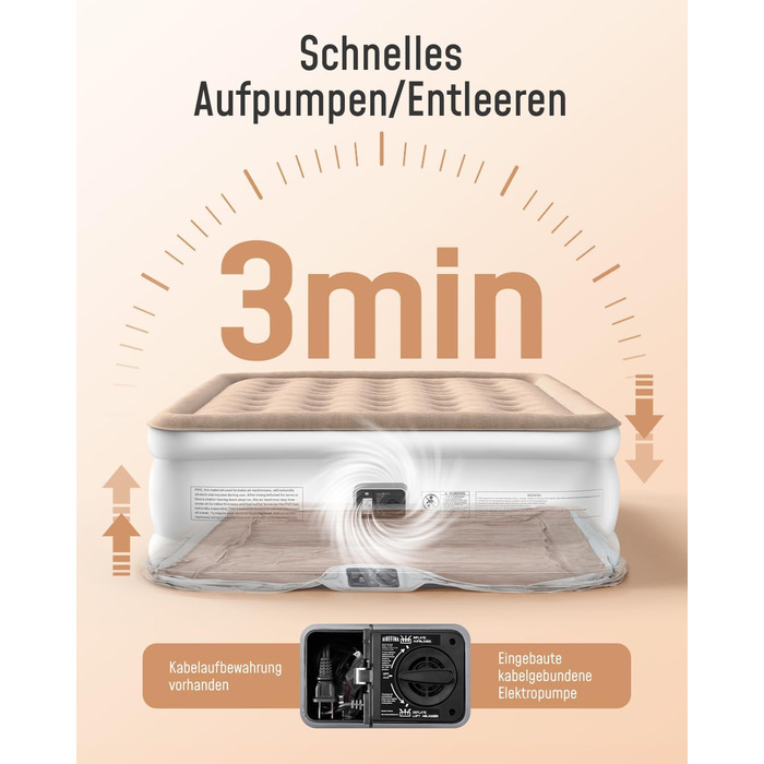 Надувна матрац Airefina з інтегрованим насосом, преміум-якість, для гостей, кемпінгу та дому, 203x152x40 см, на 2 особи