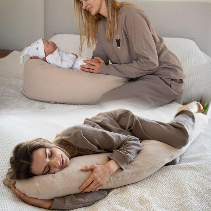 Подушка для годування та вагітності PaLulli XL (170x30 см), органічна бавовна, мусліновий чохол, бежева