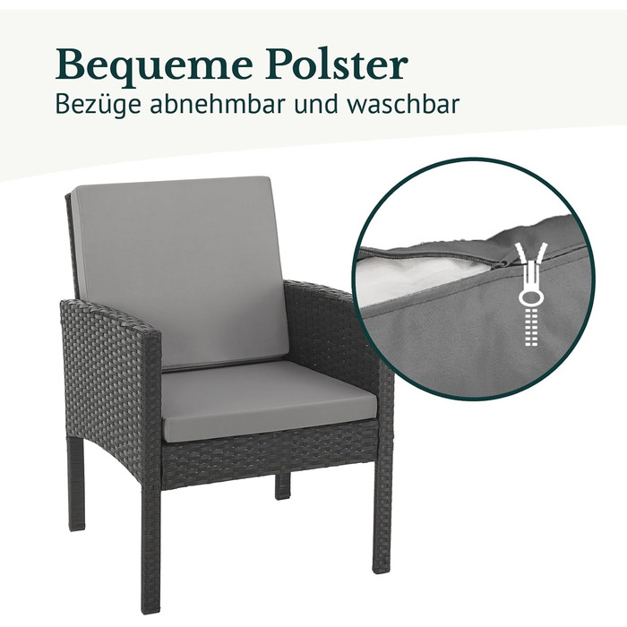 Садовий набір меблів SVITA Denver з поліротангу 4 предмети: 2 крісла, диван на 2 місця, стіл - чорний, сталевий каркас, водостійкий PE-ротанг, подушки