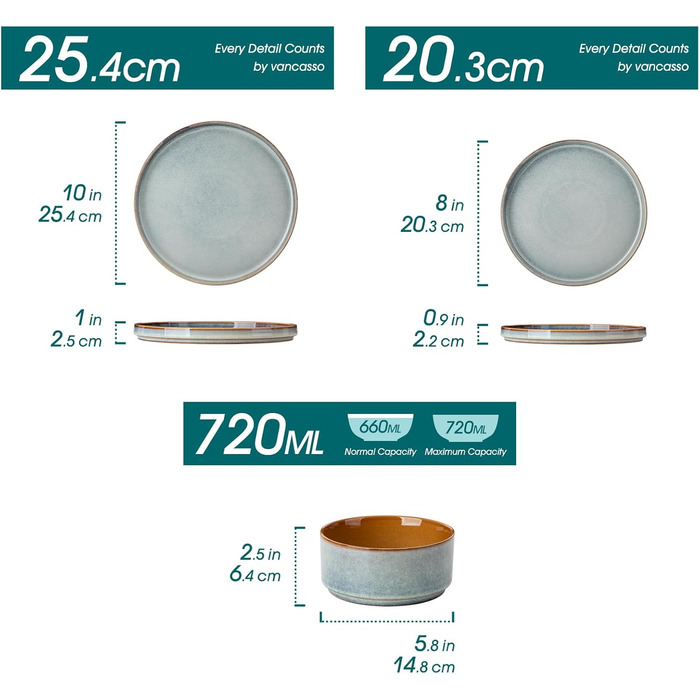 Набір посуду Vancasso Steingut 24 шт. для 8 осіб: тарілки, салатники, супові миски. Серія Galaxie, ONION (світло-блакитний)