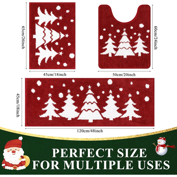 Набір килимків для ванної кімнати на Новий Рік: 3 шт. (червоний, з малюнком ялинки) - 45x65 см, 45x120 см, 50x60 см, нековзкі, водопоглинаючі, для туалету та душу