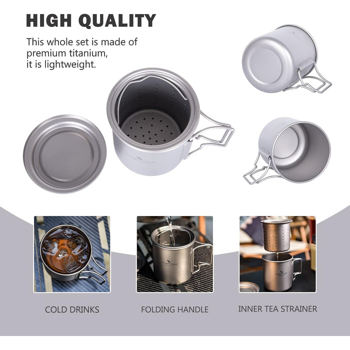 iBasingo чашка Titan 420мл з ситечком для чаю та кришкою. Легка туристична чашка з фільтром, для кемпінгу, подорожей, пікніків. Модель Ti3054D