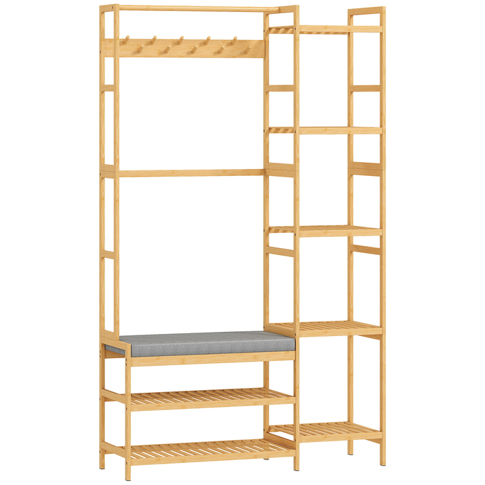 Етажерка для одягу з полицею для взуття, гачками для одягу, вішалкою для пальто, лавкою з подушкою – ідеальне рішення для передпокою або вхідної зони. Виготовлена з натурального дерева.