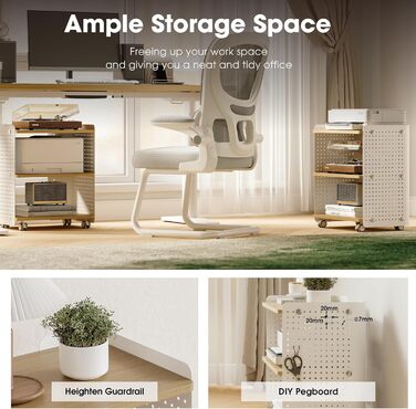 Стіл для принтера Fenge з колесами, мобільний тримач для принтера з перфорацією, 3 рівні, стійка для принтера/роликовий контейнер з органайзером, полиця, шафа для документів, для офісу та дому, 45,3x33,5x53,5 см (Дуб+Білий)