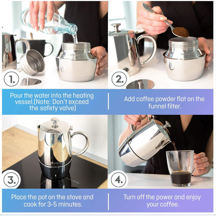 Мока-кавоварка VeoHome Mokka Pot на 10 порцій - нержавіюча сталь, італійська, для індукційних плит, газу, кераміки, електрики, без алюмінію, подвійний фільтр (300 мл)