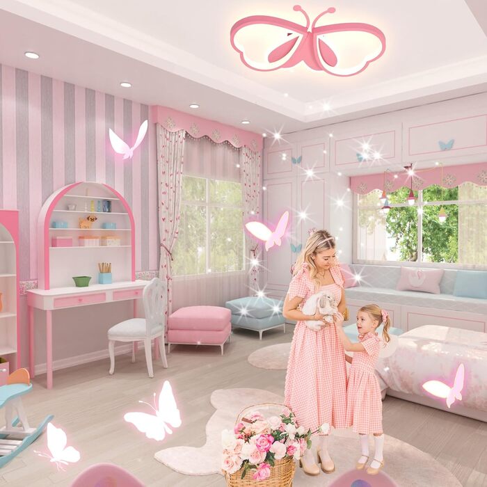 Дитячий стельовий світильник LUOLONG Butterfly Dimmable Acrylic, рожевий, 82см, кімната для дівчаток