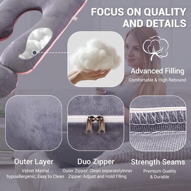 Подушка для вагітних BBWELL U-подібної форми, 80x120x180 см, сіро-рожева