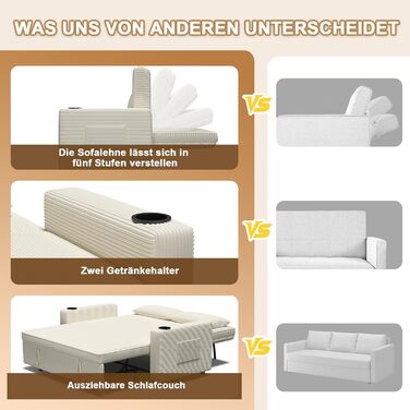 Диван-ліжко JUMMICO 2-місний бежевий з функцією розкладання, подушками та підсклянниками для вітальні/спальні 75x160x93 см