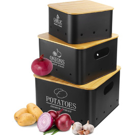 Набір контейнерів для зберігання картоплі, цибулі та часнику (3 шт.) з бамбуковим кришками - зберігає овочі свіжими. Чорний колір