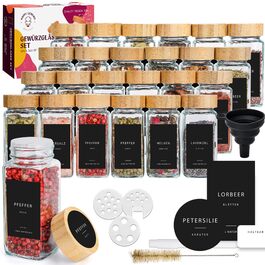 Набір баночок для спецій з дозатором [24 x 120 мл] з 303 етикетками | Контейнери для спецій з бамбуковими кришками. Набір баночок для спецій на 24 шт, органайзер для зберігання спецій, баночки для спецій з бамбуком - 24 шт - чорні етикетки