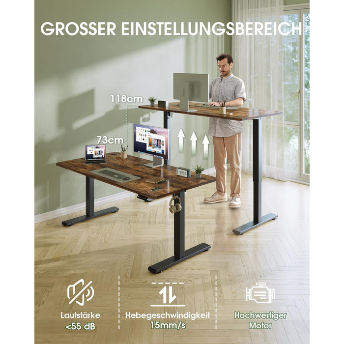 Електричний регульований стіл Flamaker з пам'яттю, ігрова модель, 160 x 60 см (Бежевий+Білий, Вінтажний Коричневий)