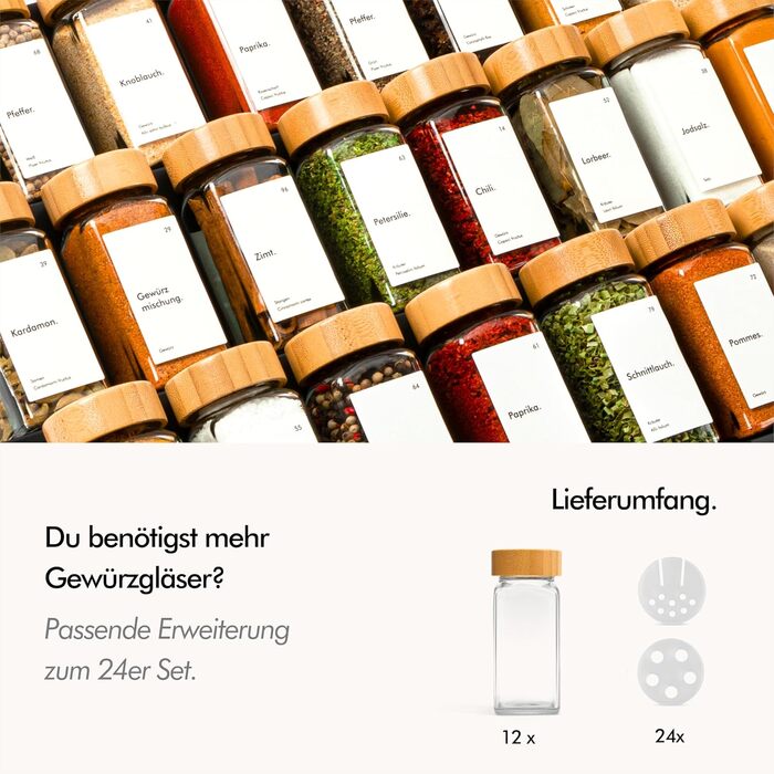 Набір скляних банок для спецій KIVY з дозатором [24x 120 мл] + 240 вологостійких етикеток - герметичні кутові банки для спецій, скляний дозатор, набір банок для спецій, порожні контейнери для спецій, чорні спецівники (додатковий набір з 12 бамбукових бано