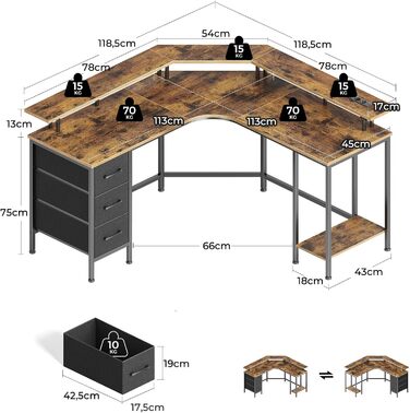 Ігровий кутовий стіл Seventable L-подібної форми з LED підсвіткою та розетками, 3 висувні ящики, стіл для дому та геймінгу, 135x135x88 см (Вінтажний коричневий)