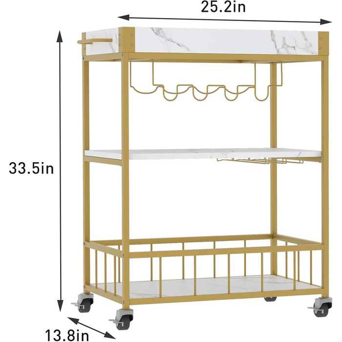 Сервізний візок Huhote з полицею для вина, барний візок, візок для напоїв, візок на колесах, візок для вина в їдальню, кухню, вітальню, бар, вечірку, з імітацією текстури дерева (золотий, корзина без заліза)