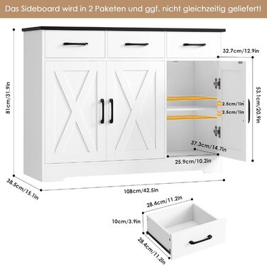 Сервант HOCSOK з 3 шухлядами та 3 дверцятами для кухні, буфет з робочою поверхнею, для вітальні, їдальні, з дерева, білий & коричневий (білий & чорний)