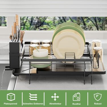 Сушарка для посуду ROTTOGOON розширювана, чорна: складана стійка з нержавіючої сталі, зливний жолоб та відділення для столових приборів