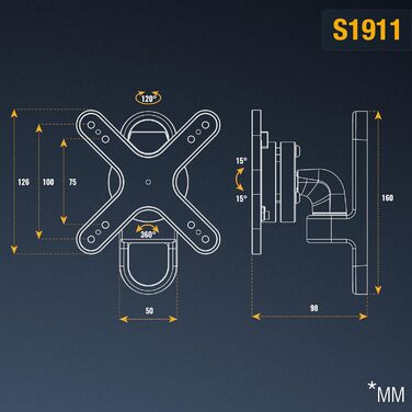 Кріплення для монітора RICOO TÜV сертифіковане, поворотне та нахильне, універсальне, 13-32 дюйми, VESA 75x75, 100x100 мм, до 15 кг, срібний колір