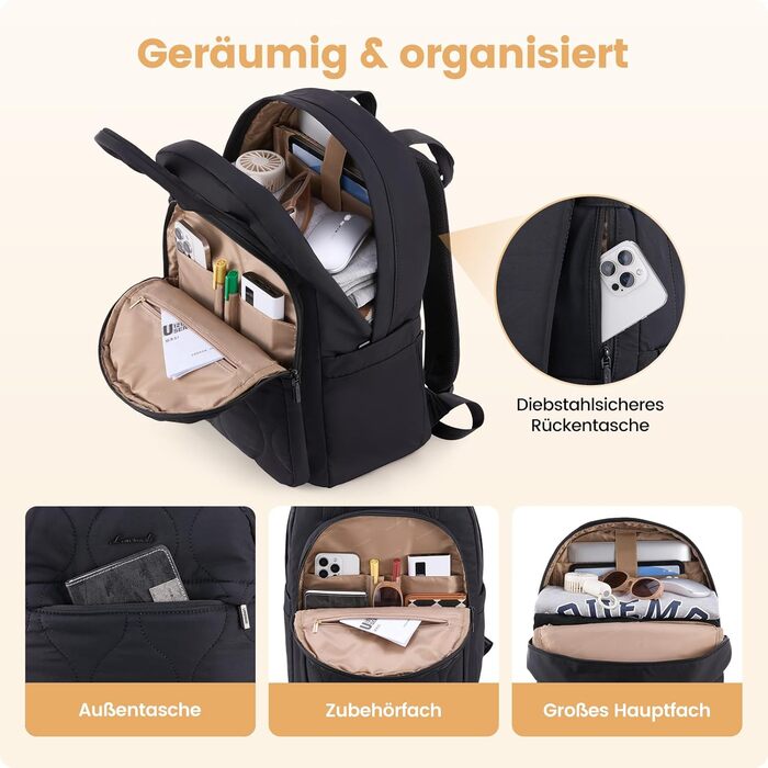 Сумка-рюкзак LOVEVOOK для жінок, рюкзак для ноутбука, шкільний рюкзак для підлітків, легкий рюкзак з підкладкою, велика робоча/навчальна сумка, рюкзак для подорожей, елегантний, чорний, 15,6 дюймів