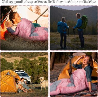 Спальний мішок Zusentee 3-4 сезони для кемпінгу на відкритому повітрі Теплий одномісний дорослий водонепроникний легкий ультралегкий спальний мішок для дорослих Діти Кемпінг Походи, Подорожі (рожево-сірий)