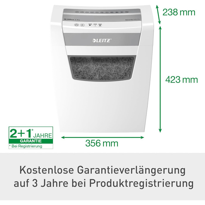 Шредер Leitz IQ Office S: Безпека P4, 12 листів, тиха робота, для офісу, білий