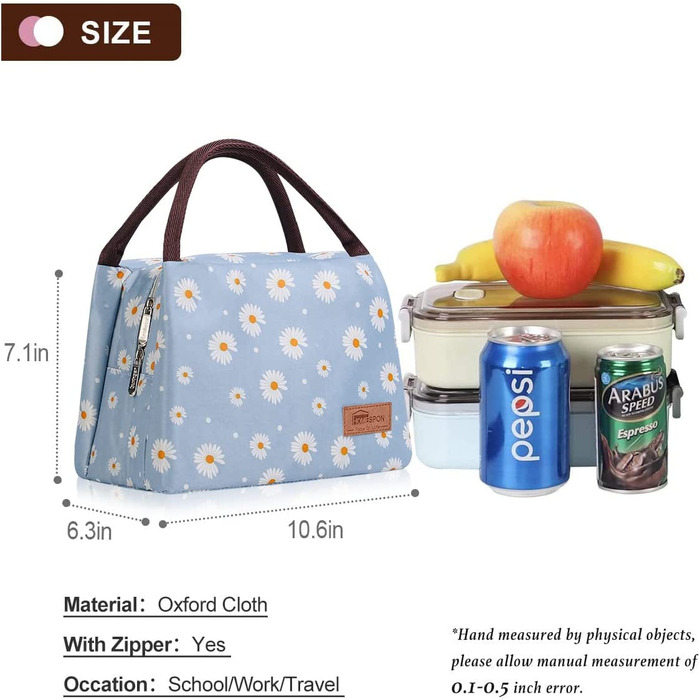 Домашня сумка для обіду, сумка для холодильника, мила сумка для обіду, водонепроникна тканинна складна сумка для пікніка для жінок, дорослих, студентів та дітей (ромашки)