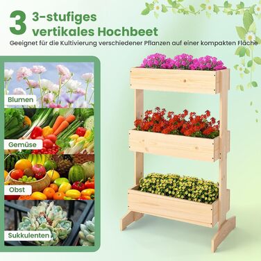 Вертикальна грядка COSTWAY з 3 ярусами, 6 контейнерами для квітів, дерев'яний ящик для тераси, балкона, саду 126x90x115 см (натуральне дерево)