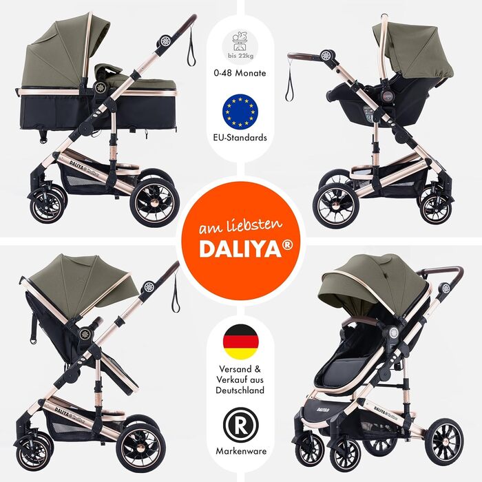 Дитяча коляска 3в1 NEOMOVE від Dalia® | Коляска для прогулянок та подорожей | Алюмінієвий каркас, великий кошик, для міста та бездоріжжя (Золото-коричневий)