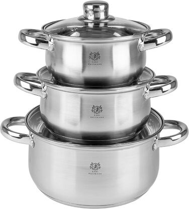 Набір каструль Karl Hausmann з нержавіючої сталі (індукційні) 3 шт. - для всіх типів плит - з кришкою з термостійкого скла - з мірною шкалою