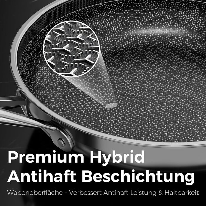 Набір сковорідок DiamondTitan з нержавіючої сталі, 3 шт. (20+24+28 см), антипригарне покриття з кераміки, для всіх типів плит, лазерне різьблення у вигляді стільникової структури, не нагрівається ручка, придатні для миття в посудомийній машині