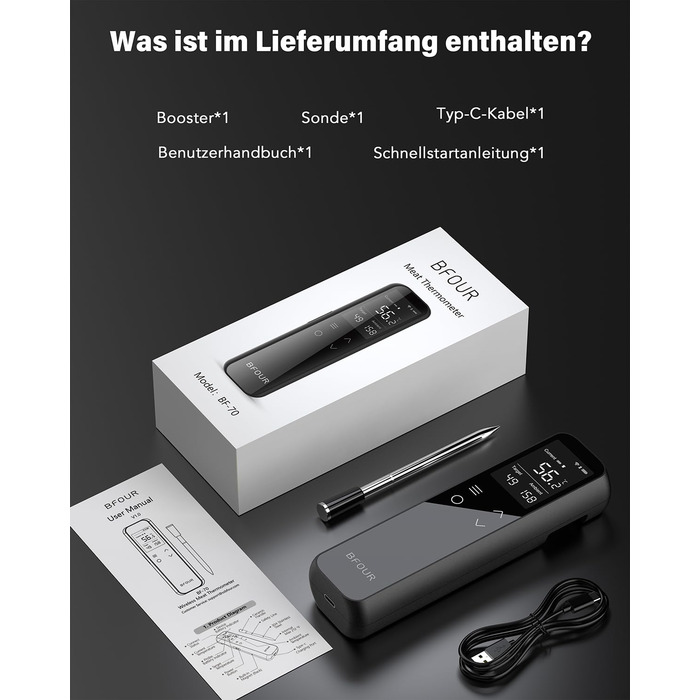 Термометр для гриля та м'яса з Wi-Fi та Bluetooth BFOUR: 6 датчиків, IP67, 2600mAh, керування через додаток