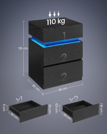 Тумбочка VASAGLE зі світлодіодом, 3 ящики, регульовані кольори, 35 x 40 x 55 см, чорний з текстурою дерева