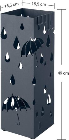 Підставка для парасольок, металева, квадратна, з піддоном для збору води, 4 гачки, антрацит, 15,5x15,5x49см