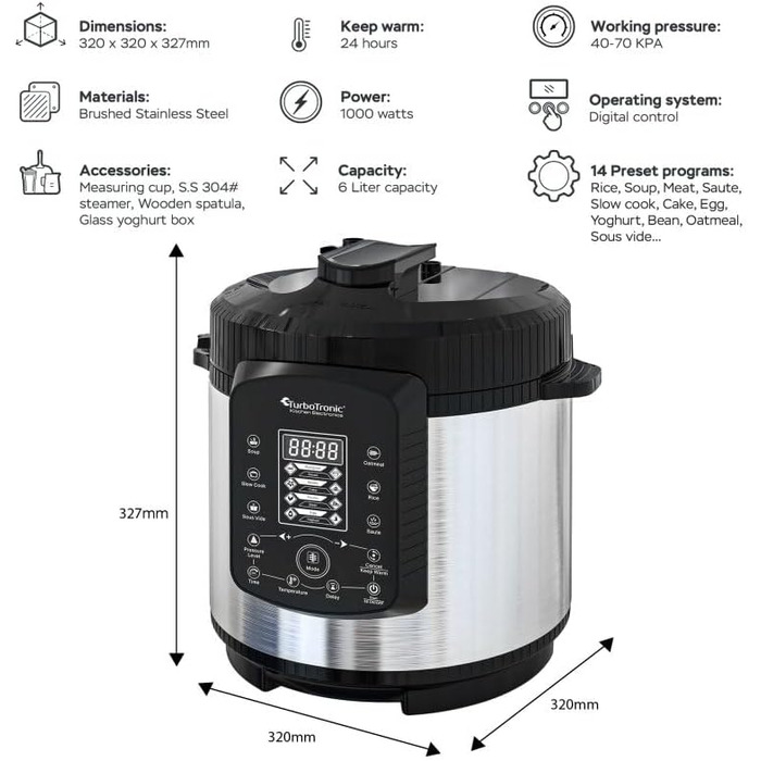 Електричний сковорода-мультиварка TurboTronic 6L з нержавіючої сталі та з антипригарним покриттям, пароварка, швидкий котел, срібний котел