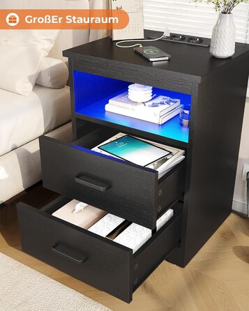 Приліжкова тумба з LED-підсвіткою, зарядною станцією та USB, 2 шухляди, чорна, для спальні та вітальні