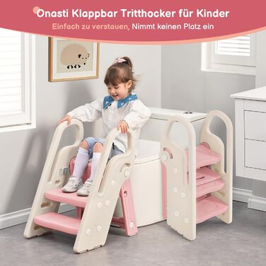 Дитячий табурет-сходинка Onasti: регульована висота, 2-3 сходинки, складна конструкція, багатофункціональний, для ванної, дитячої кімнати, кухні (зелений, рожевий)